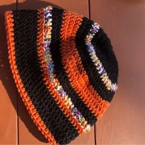 Beanie boutique hat hand crocheted orange/black. Unisex